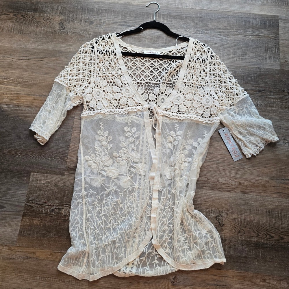 New Kontrol Contemporary Cream Crochet Lace Tie Front‎ Cardigan Boho Mesh Large